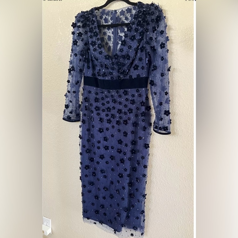 New Mac Duggal Beaded Floral Appliqué Long Sleeve Tulle Sheath Dress Midnight 8 - Picture 5 of 9